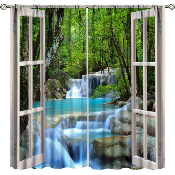 Landscape Curtains,Nature 3D Scenery View Window Treatments for Living Room,Waterfall Forest Lake Tree Nature Scape Curtain 2 Panels,52x84 Inch