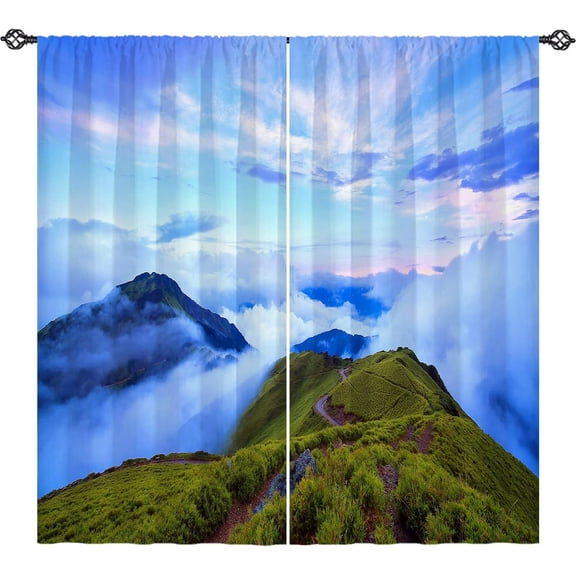 Landscape Curtains Nature Scenery Theme Window Drapes with Sunrise Cloud Foggy Mountain Top Scene Print Pattern Rod Pocket Decor Curtains for Bedroom Living Room Office 2 Panels 42 x 63 Inch