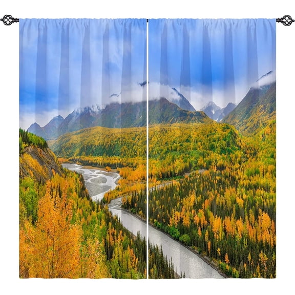 Landscape Curtains Nature Theme Window Drapes with Autumn Forest River Mist Mountain Scenery Scene Print Pattern Rod Pocket Decor Curtains for Bedroom Living Room Office 2 Panels 42 x 63 Inch