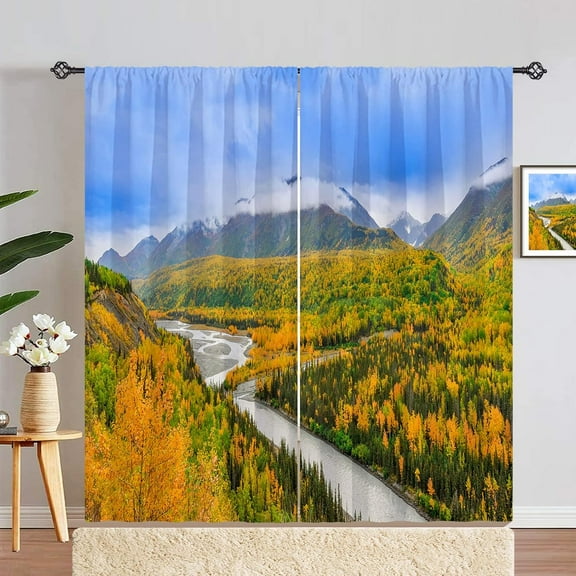 Landscape Curtains Rod Pocket Blackout Room Darkening Curtains with Forest River Mist Mountain Scenery Print Pattern Nature Theme Window Drapes for Bedroom Living Room 2 Panels 52 x 84 Inch