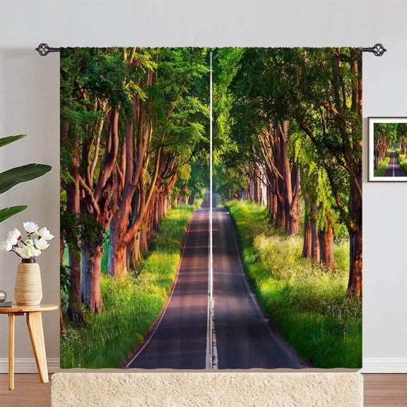 Landscape Curtains Rod Pocket Blackout Room Darkening Curtains with Green Forest Tree Road Print Pattern Summer Nature Scenery Theme Window Drapes for Bedroom Living Room 2 Panels 52 x 84 Inch