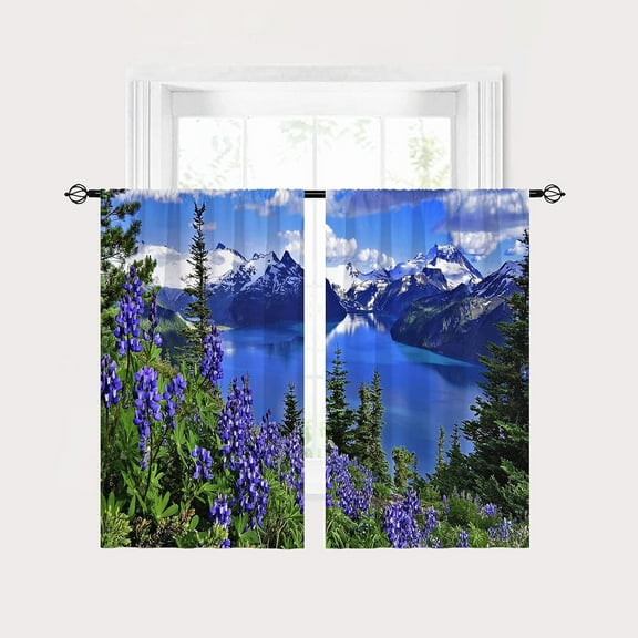 Landscape Curtains - Spring Nature Woodland Mountain Lake Purple Flower Scenery Print Pattern Waterproof Fabric Rod Pocket Window Drapes for Kitchen Bedroom Bathroom Window 2 Panels W27.5 x L39