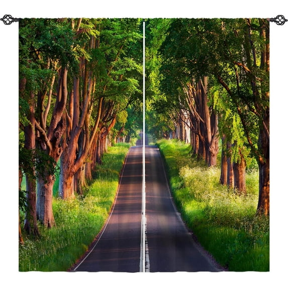 Landscape Curtains Summer Nature Scenery Theme Window Drapes with Green Forest Tree Road Scene Print Pattern Rod Pocket Decor Curtains for Bedroom Living Room Office Cafe 2 Panels 52 x 63 Inch