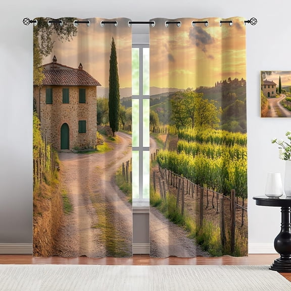 Landscape Curtains, Tuscan Countryside Scenery Curtains For Living Room Pastoral Landscape House Window Drapes, Sunset European Town Curtain For Bedroom 38"W x 45"L (Pack of 2)