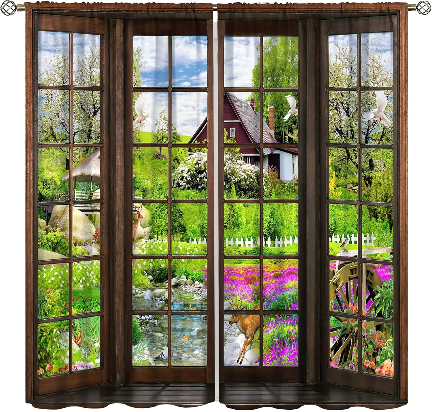 Landscape Curtains, Windows in Farmhouse Hut Wildlife Woods Creek Nature Landscape, Blackout Noise Reduction Curtains for Bedroom Living Room, 2 Panel Set,84X84 Inch, Style-5
