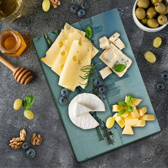 Landscape Cutting Board, Anchored Fishing Boats Skyscrapers Panama Cityscape Pacific Coast Central America, Decorative Tempered Glass Cutting and Serving Board, Small Size, Multicolor, by Ambesonne