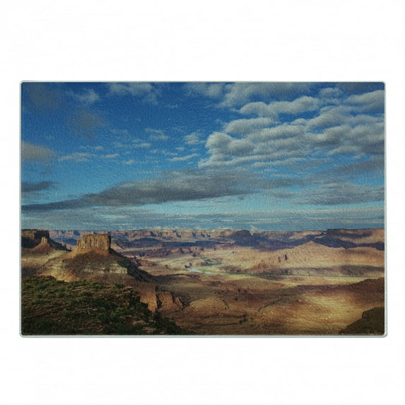 Landscape Cutting Board, Canyonland National Parks Utah Valley Cloudy Blue Sky Redrock Butes Photo Scenery, Decorative Tempered Glass Cutting and Serving Board, in 3 Sizes, by Ambesonne