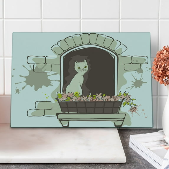 Landscape Cutting Board, Cartoon Animal Cat Pet Smile Positive Morning Apartment Window Art, Decorative Tempered Glass Cutting and Serving Board, Large Size, Umber Black and White, by Ambesonne