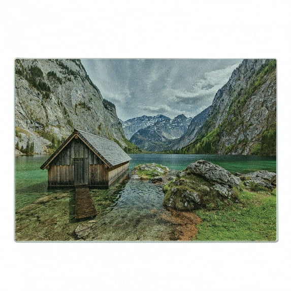 Landscape Cutting Board, Dock on the Lake with Small Shed Alpine Mountains Germany European Nature Photo, Decorative Tempered Glass Cutting and Serving Board, Small Size, Multicolor, by Ambesonne