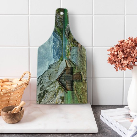 Landscape Cutting Board, Dock on the Lake with Small Shed Alpine Mountains Germany European Nature Photo, Tempered Glass Cutting and Serving Board, Wine Bottle Shape, Multicolor, by Ambesonne