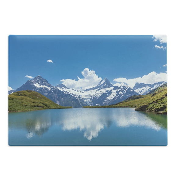 Landscape Cutting Board, Dreamy View of Alpine Lake with Snow Frozen Peaks Swiss Northern Explore, Decorative Tempered Glass Cutting and Serving Board, Large Size, Blue Green White, by Ambesonne