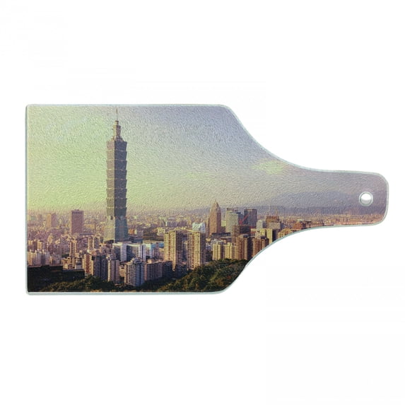 Landscape Cutting Board, Evening Skyline of Taipei Taiwan Cityscape Modern Landmark Urban Scenery, Decorative Tempered Glass Cutting and Serving Board, Wine Bottle Shape, Multicolor, by Ambesonne