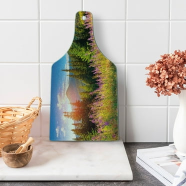 Landscape Cutting Board, Fall Scenery Picture in Mountains Flowers Alpine Trees Forest at Sunrise, Decorative Tempered Glass Cutting and Serving Board, Wine Bottle Shape, Green Pink, by Ambesonne