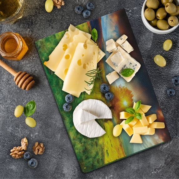 Landscape Cutting Board, Fall Season Illustration with Mountains and Meadows in Sunset Watercolor Effect, Decorative Tempered Glass Cutting and Serving Board, Small Size, Multicolor, by Ambesonne