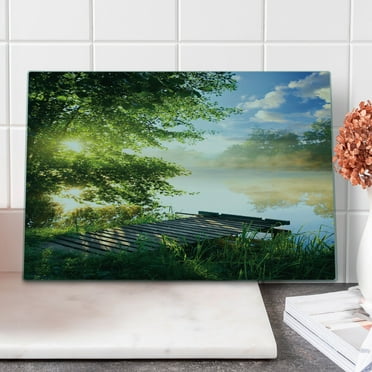 Landscape Cutting Board, Fishing Pier by River in the Morning Clouds and Trees Nature Image, Decorative Tempered Glass Cutting and Serving Board, Large Size, Green Blue White, by Ambesonne