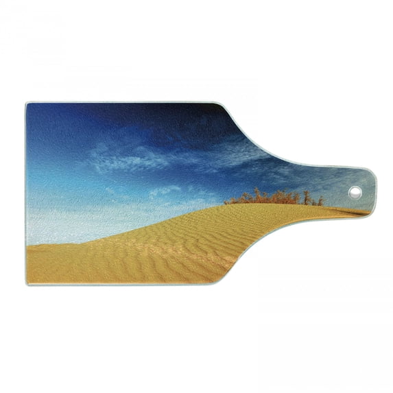 Landscape Cutting Board, Hot Desert Sand Dunes and Dry Plants Open Sky Nature Art Print, Decorative Tempered Glass Cutting and Serving Board, Wine Bottle Shape, Blue and Apricot, by Ambesonne