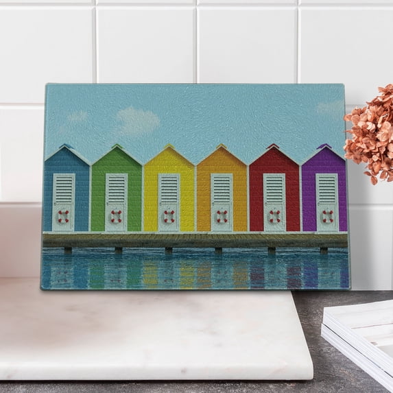 Landscape Cutting Board, Image of Colorful Beach Cabins on an Old Wooden Pier by Sea Summer Beach House, Decorative Tempered Glass Cutting and Serving Board, Small Size, Multicolor, by Ambesonne