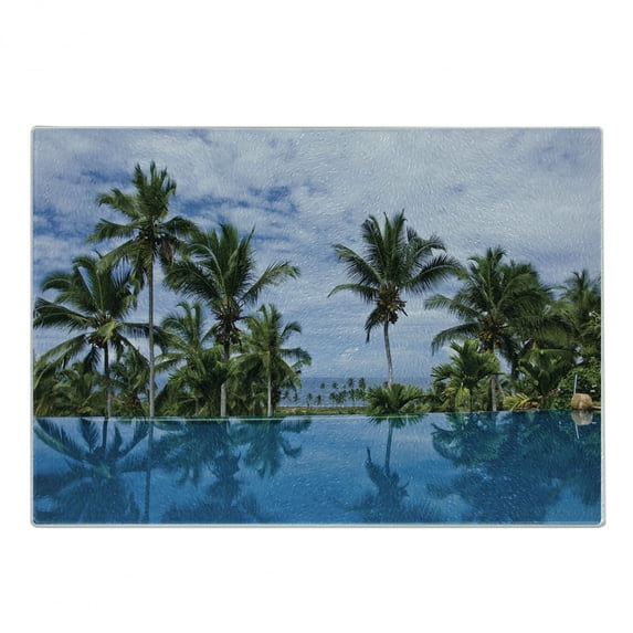 Landscape Cutting Board, Infinity Pool with Palms Reflections and Crystal Water Tropic Resort Photo, Decorative Tempered Glass Cutting and Serving Board, Small Size, Blue Green White, by Ambesonne