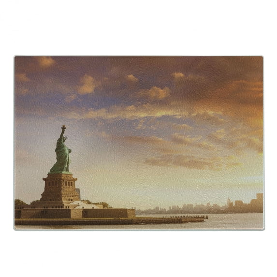 Landscape Cutting Board, Liberty Land Free Home Brave New York Scenery with Clouds Image, Decorative Tempered Glass Cutting and Serving Board, Small Size, Multicolor, by Ambesonne