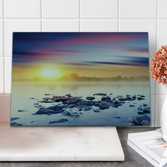 Landscape Cutting Board, Magic Summer Sunset River Aurora Borealis in the Sky Rocks Universe Print, Decorative Tempered Glass Cutting and Serving Board, Large Size, Multicolor, by Ambesonne