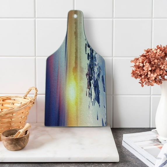 Landscape Cutting Board, Magic Summer Sunset River Aurora Borealis in the Sky Rocks Universe Print, Decorative Tempered Glass Cutting and Serving Board, Wine Bottle Shape, Multicolor, by Ambesonne