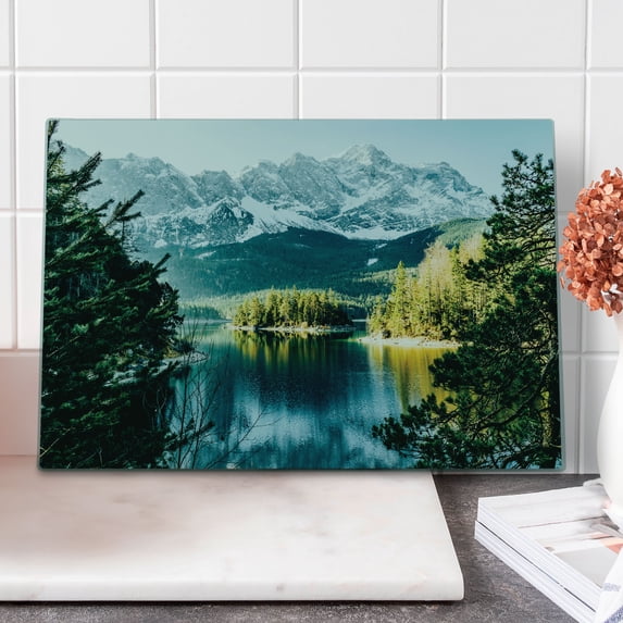 Landscape Cutting Board, Mountain Lake in Northern Germany Frozen Peaks Water Winter Season Life, Decorative Tempered Glass Cutting and Serving Board, Large Size, Green White, by Ambesonne