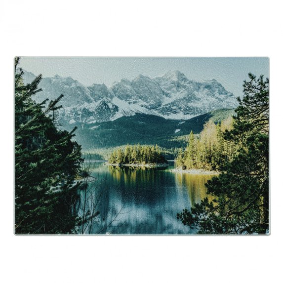 Landscape Cutting Board, Mountain Lake in Northern Germany Frozen Peaks Water Winter Season Life, Decorative Tempered Glass Cutting and Serving Board, Small Size, Green White, by Ambesonne