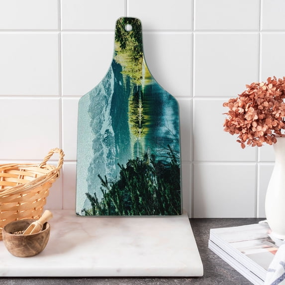 Landscape Cutting Board, Mountain Lake in Northern Germany Frozen Peaks Water Winter Season Life, Decorative Tempered Glass Cutting and Serving Board, Wine Bottle Shape, Green White, by Ambesonne
