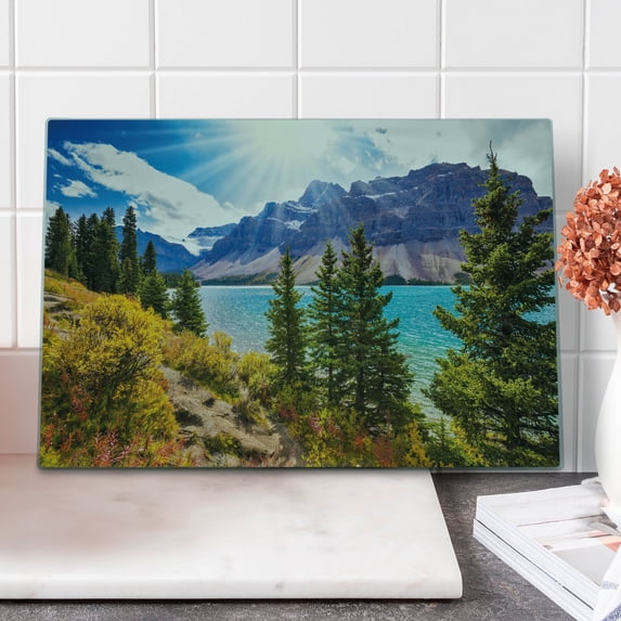 Landscape Cutting Board, National Park Banff Canadian Rockies Mountain Trees Glacial Lake Sunny Sky, Decorative Tempered Glass Cutting and Serving Board, Large Size, Aqua Mauve Green, by Ambesonne