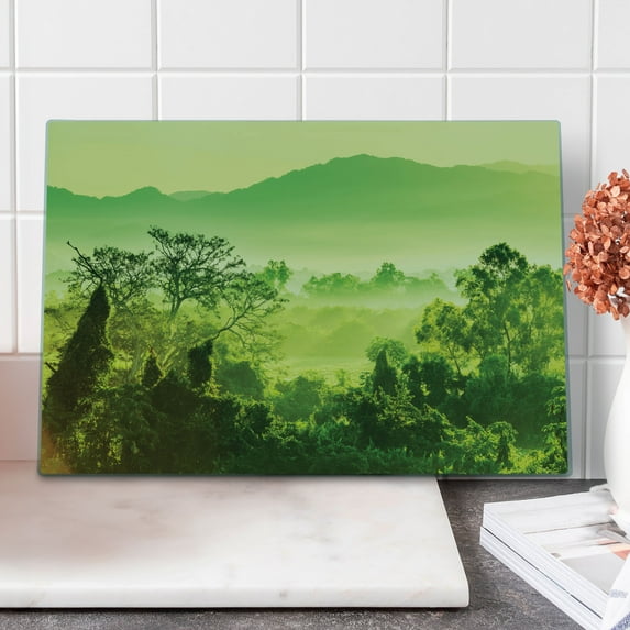 Landscape Cutting Board, Nature Scene in Green Tones with Mountains and Trees, Decorative Tempered Glass Cutting and Serving Board, in 3 Sizes, by Ambesonne