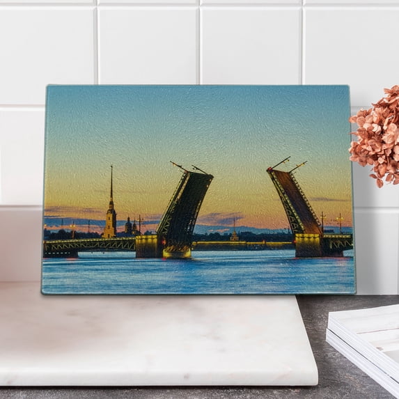 Landscape Cutting Board, Palace Bridge with Peter and Paul Fortress St Petersburg White Nights Russia, Decorative Tempered Glass Cutting and Serving Board, Small Size, Orange Blue, by Ambesonne