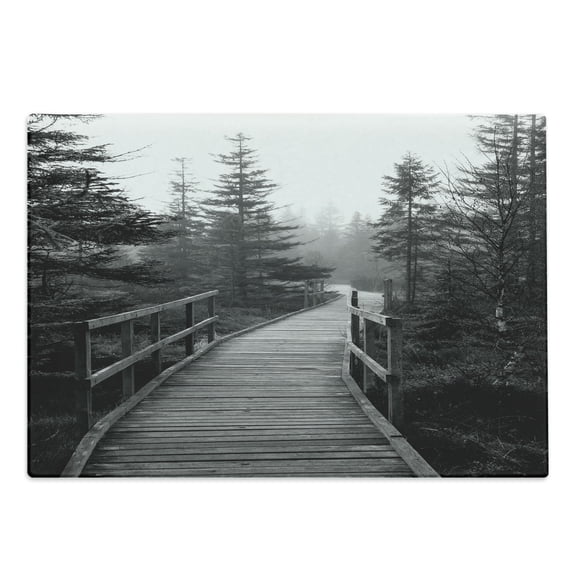 Landscape Cutting Board, Pathway in Wilderness with Pine Trees Czech Republic Dramatic Scene Nature, Decorative Tempered Glass Cutting and Serving Board, Large Size, Black and White, by Ambesonne