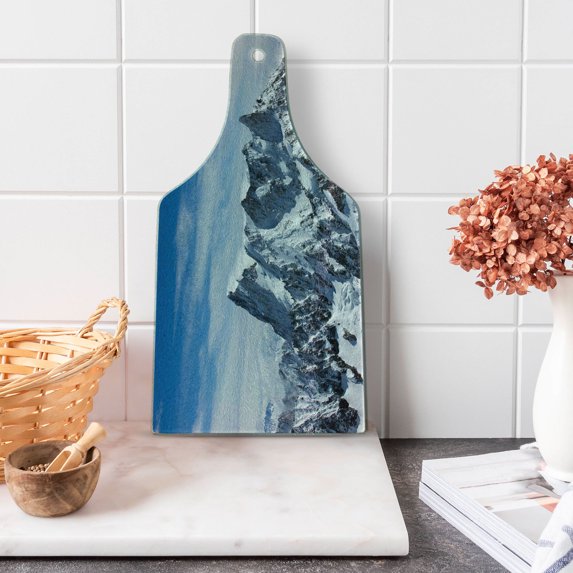 Landscape Cutting Board, Picturesque Mont Blanc Cliff to Clouds Idyllic Environment Trekking Landmark, Decorative Tempered Glass Cutting and Serving Board, Wine Bottle Shape, White Blue, by Ambesonne