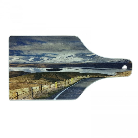 Landscape Cutting Board, Pike Road to the River and Snowy Mountain in Gradient Colors Sky Scenery, Tempered Glass Cutting and Serving Board, Wine Bottle Shape, White Blue Yellow, by Ambesonne