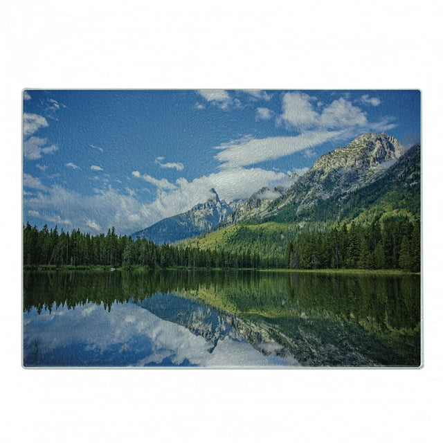 Landscape Cutting Board, Pure Mountain Lake Scenery with Trees and Cloudy Sky Nature Inspired Print, Decorative Tempered Glass Cutting and Serving Board, Small Size, Blue White Green, by Ambesonne