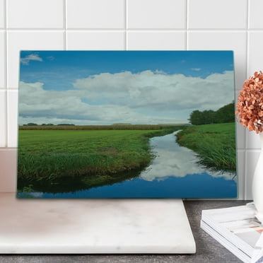 Landscape Cutting Board, Reflective Calm River Scenery Meadow Grass Clouds Wildflowers Trees Shrubs, Decorative Tempered Glass Cutting and Serving Board, Large Size, Green Blue White, by Ambesonne