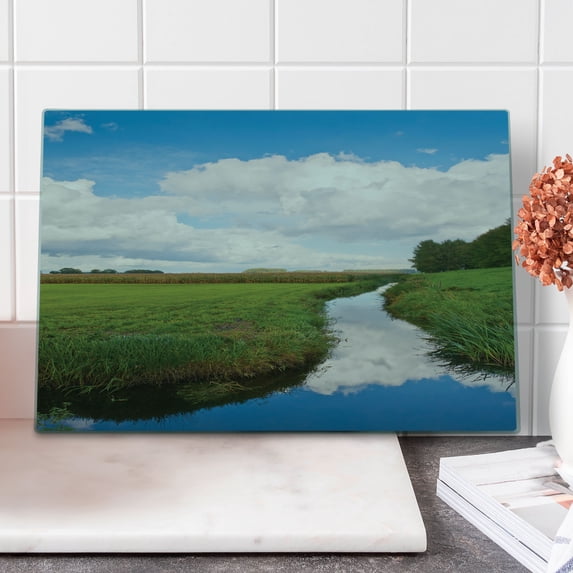 Landscape Cutting Board, Reflective Calm River Scenery Meadow Grass Clouds Wildflowers Trees Shrubs, Decorative Tempered Glass Cutting and Serving Board, Large Size, Green Blue White, by Ambesonne
