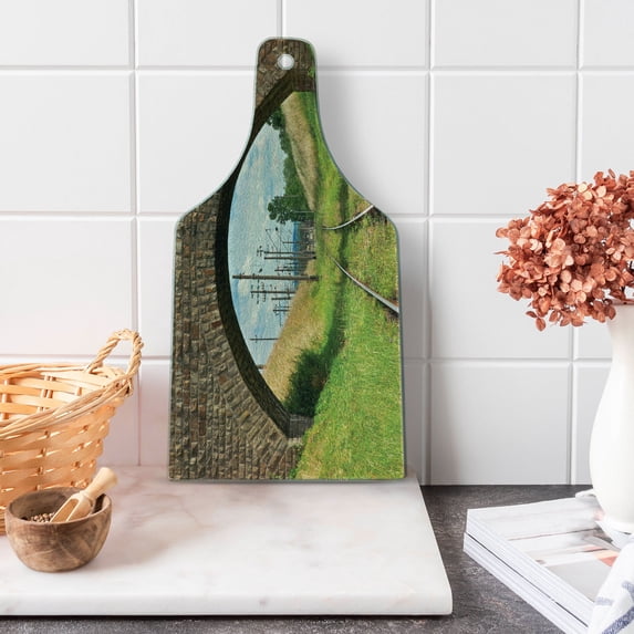 Landscape Cutting Board, Stone Bridge Old Railway Cloudy Sky Trees Grass Long Journey Tranquil View Print, Tempered Glass Cutting and Serving Board, Wine Bottle Shape, Green Brown, by Ambesonne