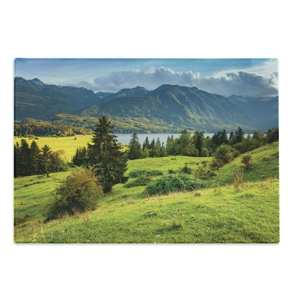 Landscape Cutting Board, Summer Morning on Bohinj Lake in National Park Slovenia Greenery Nature, Decorative Tempered Glass Cutting and Serving Board, Large Size, Green Blue Yellow, by Ambesonne