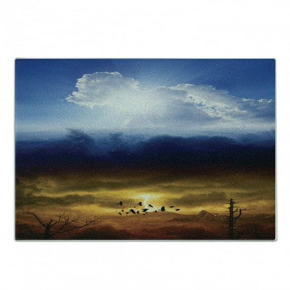 Landscape Cutting Board, Sun and Dark Stormy Sky with Thunder Heaven and Hell and Evil Art, Decorative Tempered Glass Cutting and Serving Board, Small Size, Blue Orange Black, by Ambesonne