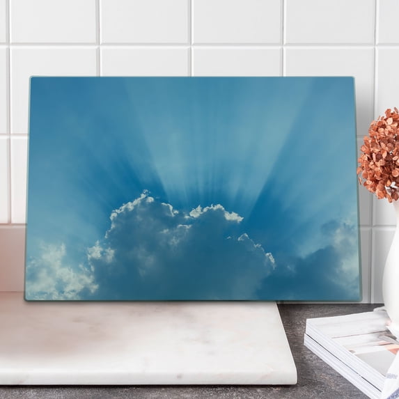 Landscape Cutting Board, Sunburst Lining View Fluffy Clouds in the Summer Sky Nature Picture Print, Decorative Tempered Glass Cutting and Serving Board, Large Size, Blue Grey, by Ambesonne