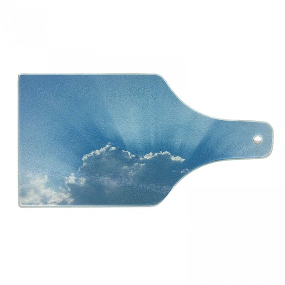 Landscape Cutting Board, Sunburst Lining View Fluffy Clouds in the Summer Sky Nature Picture Print, Decorative Tempered Glass Cutting and Serving Board, Wine Bottle Shape, Blue Grey, by Ambesonne
