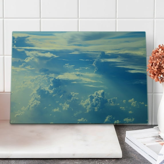 Landscape Cutting Board, Sunrise Foggy Morning Scenery View of Sky and Clouds from Airplane Picture Art, Decorative Tempered Glass Cutting and Serving Board, Large Size, Navy Cream, by Ambesonne