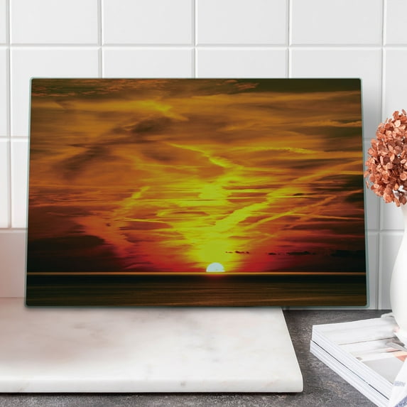 Landscape Cutting Board, Sunset over the Sea Golden Yellow Horizon Sailing Outdoors Dusk Nature Mediterranean, Decorative Tempered Glass Cutting and Serving Board, Large Size, Orange, by Ambesonne