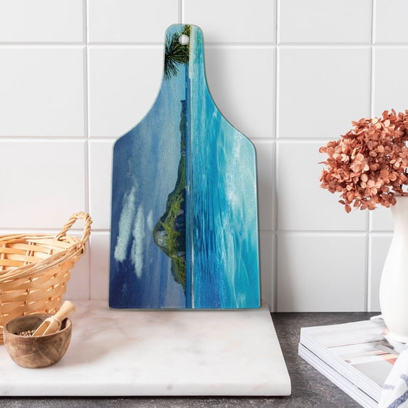 Landscape Cutting Board, Landscape with Swimming Pool and Distant Island Tropic Exotic Hawaiian Theme, Tempered Glass Cutting and Serving Board, Wine Bottle Shape, Turquoise Green, by Ambesonne