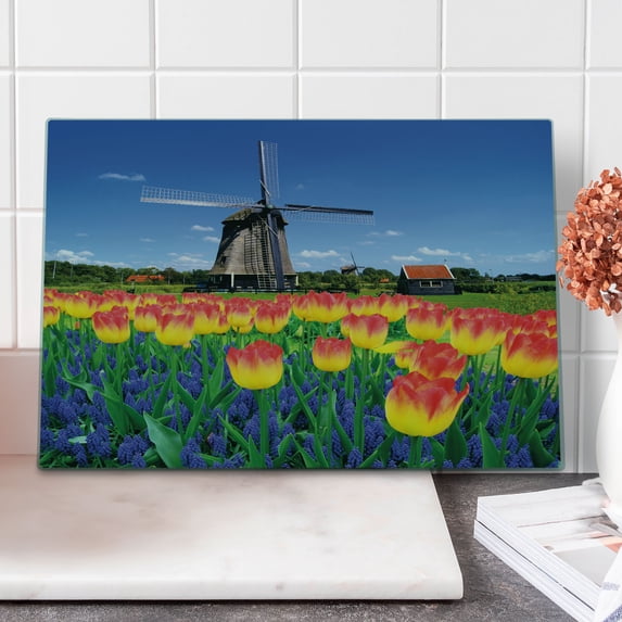 Landscape Cutting Board, Tulip Blooms with Classic Dutch Windmill Netherlands Countryside Spring Picture, Decorative Tempered Glass Cutting and Serving Board, Large Size, Yellow Blue, by Ambesonne