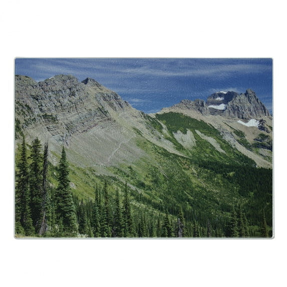 Landscape Cutting Board, View of High Mountains with Forests Hiking Snowy Slope Pine Trees, Decorative Tempered Glass Cutting and Serving Board, in 3 Sizes, by Ambesonne