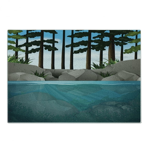 Landscape Cutting Board, Water Scene out in the Wild Forest Environment Mother Nature Items Trees, Decorative Tempered Glass Cutting and Serving Board, in 3 Sizes, by Ambesonne