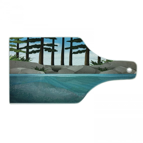 Landscape Cutting Board, Water Scene out in the Wild Forest Environment Mother Nature Items Trees, Decorative Tempered Glass Cutting and Serving Board, in 3 Sizes, by Ambesonne