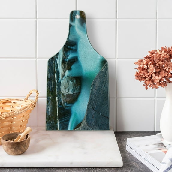 Landscape Cutting Board, Waterfall Basalt Rocks Rural Scenery National Park Nature Woods Photo, Tempered Glass Cutting and Serving Board, Wine Bottle Shape, Sky Blue Grey Green, by Ambesonne